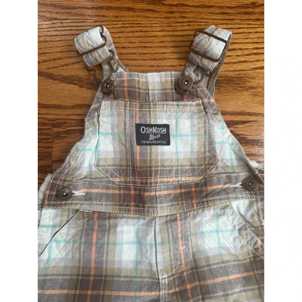 OshKosh Bgosh Baby Boys Plaid Shortall Overalls Brown Orange 3-6 Months